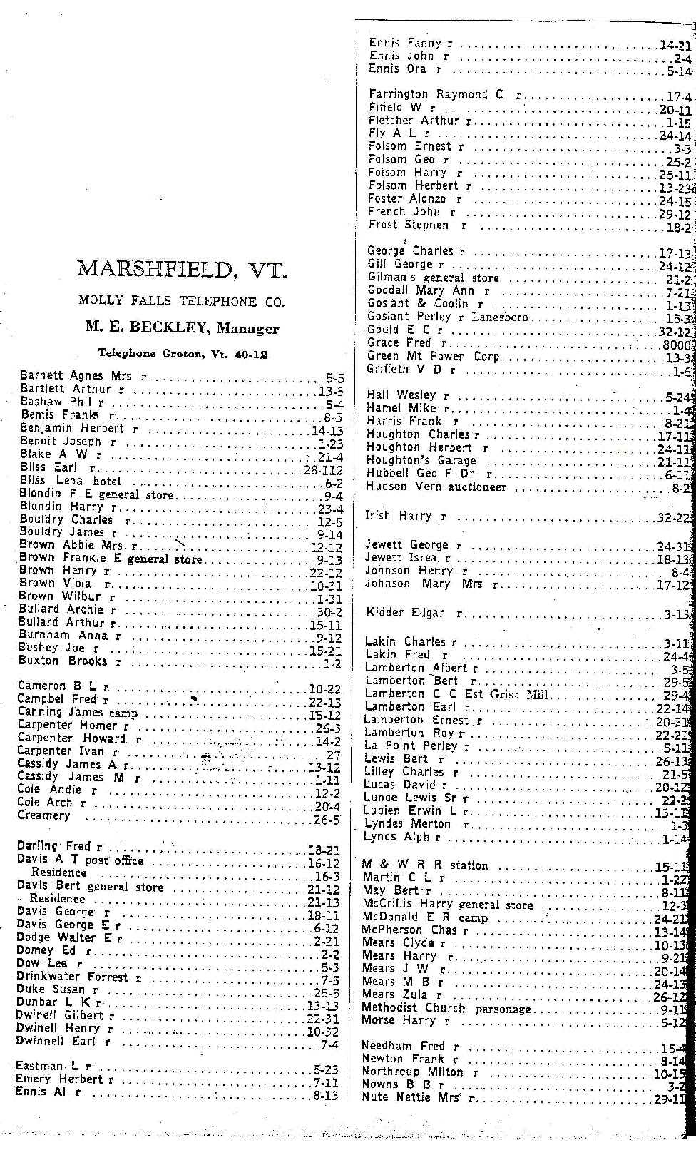 1928 Marshfield, Vt Telephone Book - Page 1